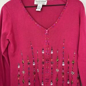 Tiara International Christmas Cardigan Sweater Medium Pink Snowman Sequin Zip